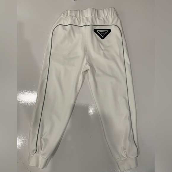 Prada White Cotton Jogger Pants Women’s Large Grey Side Stripe Emblem wom size L - Picture 3 of 15
